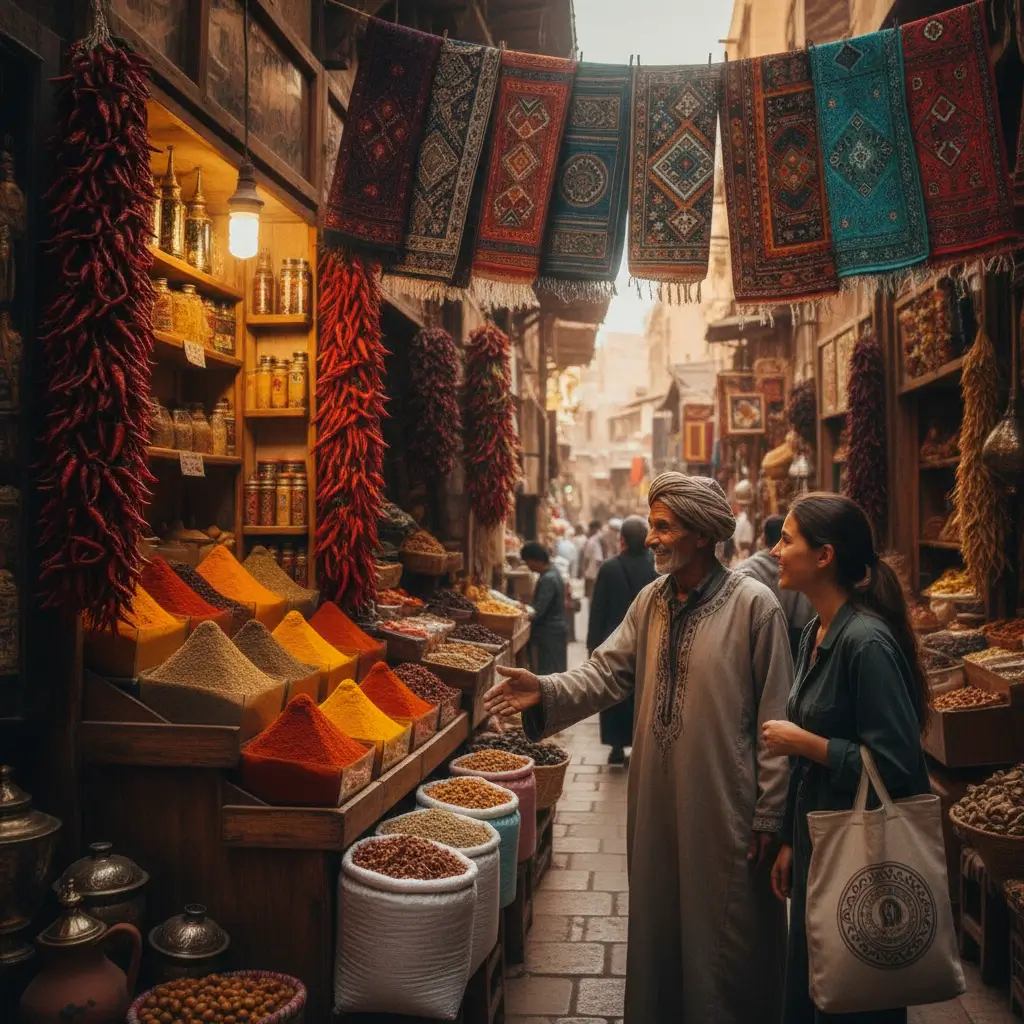 Traditional spice market scene with colorful piles of spices, hanging rugs, and two locals chatting along a narrow alley.