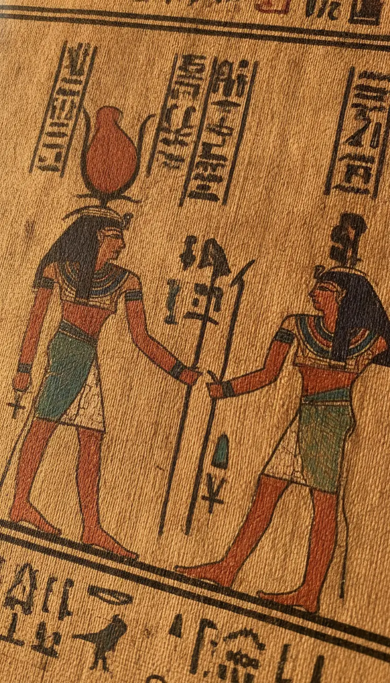 Ancient Egyptian relief of two standing figures in profile facing each other, one with a red crown and the other with a blue headdress, exchanging a vertical staff amid hieroglyphs.