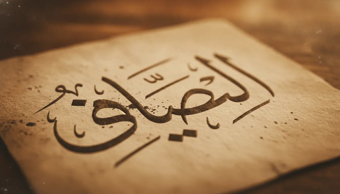 Close-up of elegant Arabic calligraphy on a brown parchment, likely spelling the word 'Allah'.