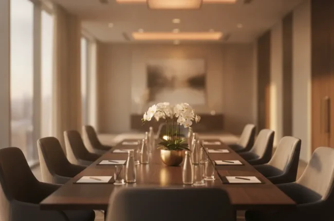 Modern conference room with a long wooden table, gray chairs, and white orchid centerpiece in a gold pot.