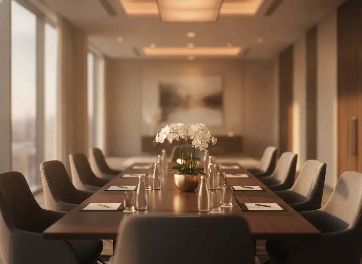 Modern conference room with a long wooden table, gray chairs, and white orchid centerpiece in a gold pot.