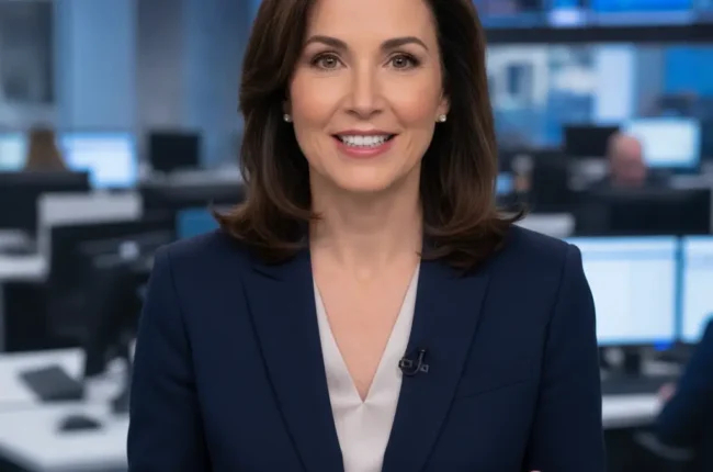 News anchor smiling at camera in navy blazer presenting a broadcast from a newsroom.