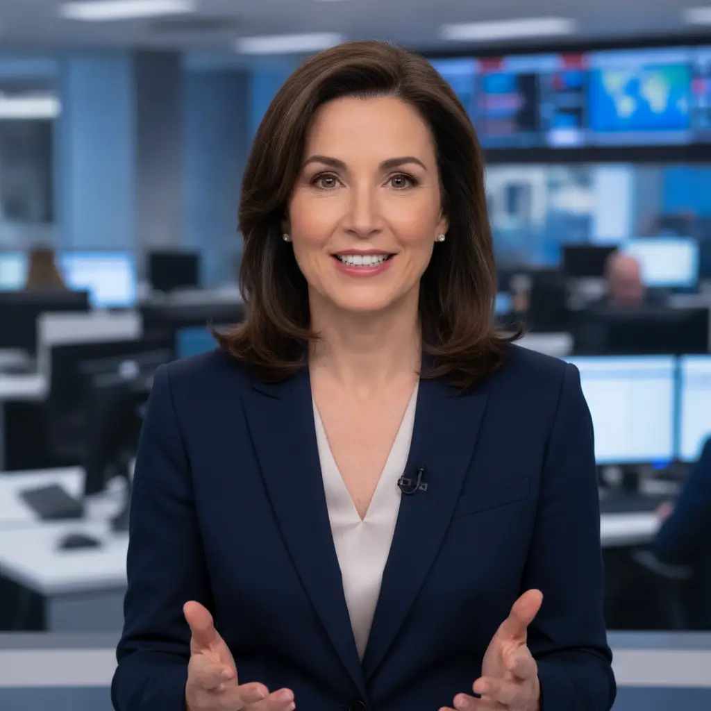 News anchor smiling at camera in navy blazer presenting a broadcast from a newsroom.