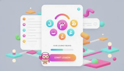 Onboarding screen for a language-learning app with colorful letter bubbles, progress bar, and a gradient 'Start Lesson' button; cute owl mascot bottom-left. مواقع تعليم العربية
