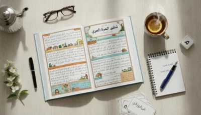 Open Arabic children's book with colorful illustrations on a desk, beside a notebook, pen, glasses, tea with lemon, and cards.