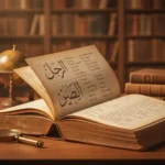 Open Arabic text on a wooden desk with a magnifying glass and globe nearby in a warm library setting.