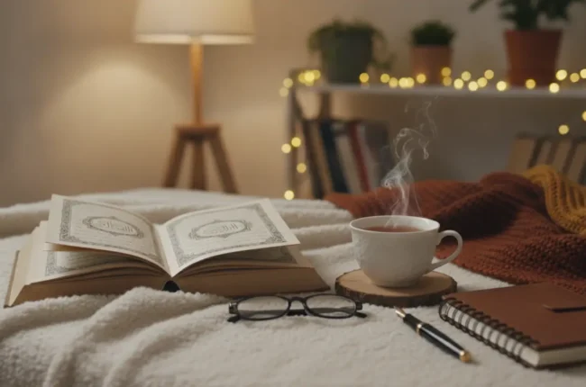 Open book on a fluffy white blanket with glasses, a steaming cup of tea, and a notebook nearby in a cozy bedroom setting.