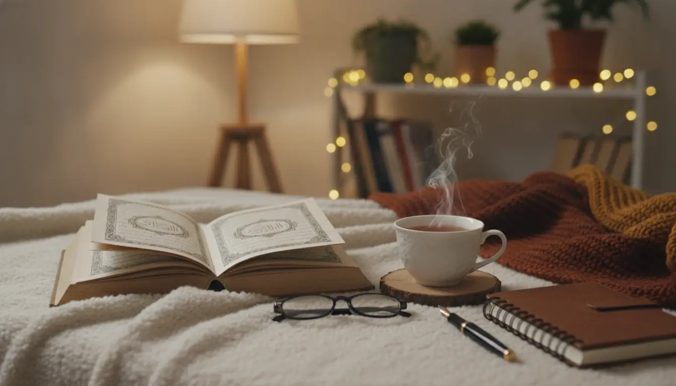 Open book on a fluffy white blanket with glasses, a steaming cup of tea, and a notebook nearby in a cozy bedroom setting.