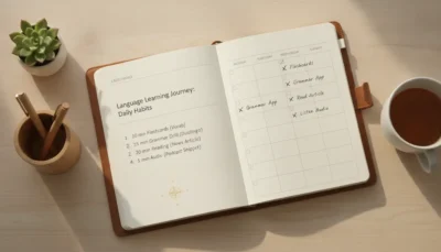 Open notebook showing a language-learning plan: 'Language Learning Journey: Daily Habits' with a weekly calendar of tasks, on a desk with a plant, pencils, and a cup of coffee.