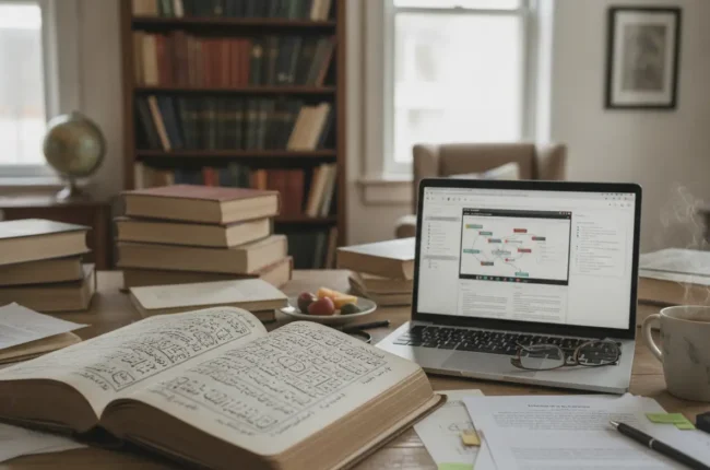 Open notebook with handwritten diagrams on a wooden desk, beside a laptop displaying a flowchart, glasses, coffee mug, and a stack of books in a cozy study.
