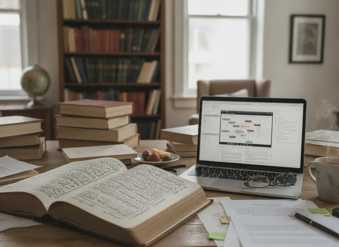 Open notebook with handwritten diagrams on a wooden desk, beside a laptop displaying a flowchart, glasses, coffee mug, and a stack of books in a cozy study.
