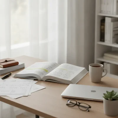 Open notebook with highlighted notes on a wooden desk, beside a mug of coffee and a laptop in a sunlit room.