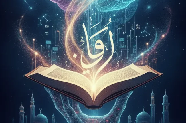 Open Quran floating above a glowing brain, with holographic screens and people standing in a circular arena in a futuristic scene.
