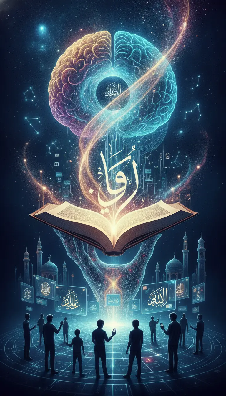 Open Quran floating above a glowing brain, with holographic screens and people standing in a circular arena in a futuristic scene.