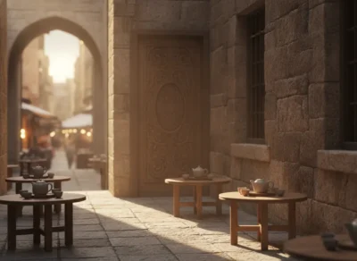 Outdoor street cafe with round wooden tables and teapots, warm evening light on stone walls and archway in the background.