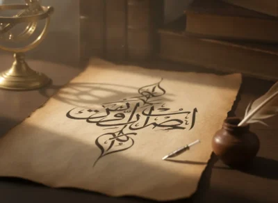 Parchment with ornate Arabic calligraphy on a wooden desk, beside a quill and inkpot, with an antique globe in warm light.