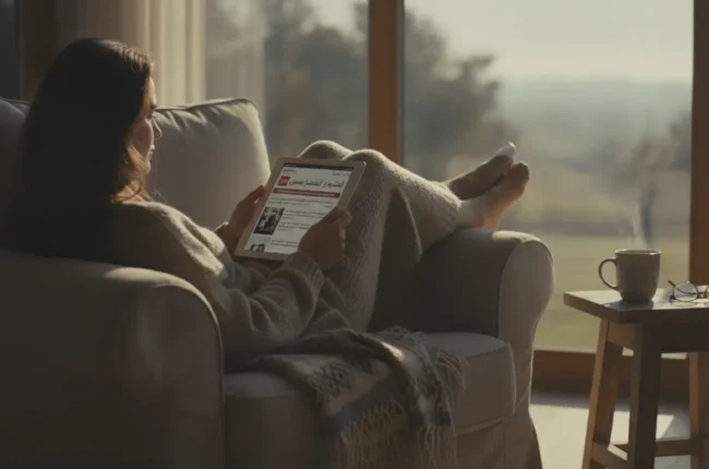 Person relaxing on a sofa, reading news on a tablet, with a cozy blanket draped over legs.