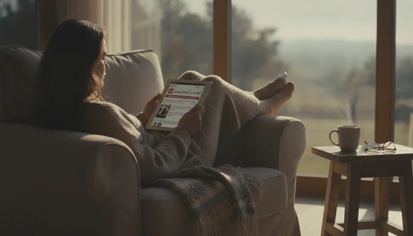 Person relaxing on a sofa, reading news on a tablet, with a cozy blanket draped over legs.