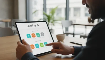 Person uses a tablet showing an Arabic app dashboard with colorful icons in a bright cafe setting.