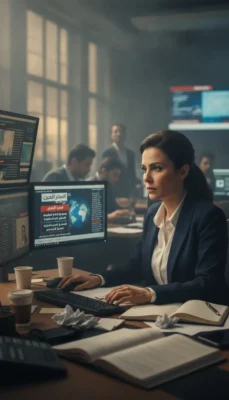 Professional woman in a blazer sits at a cluttered desk, typing on a keyboard with multiple monitors in a newsroom.