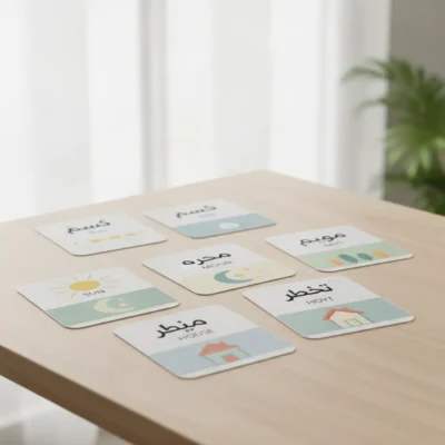 Set of bilingual flashcards on a wooden table showing Arabic and English words with simple icons (Sun, Moon, House).