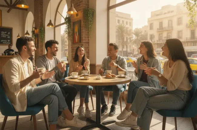 Six friends chatting and laughing around a round table in a sunlit café, with coffee cups and pastries on the table, by a large window.