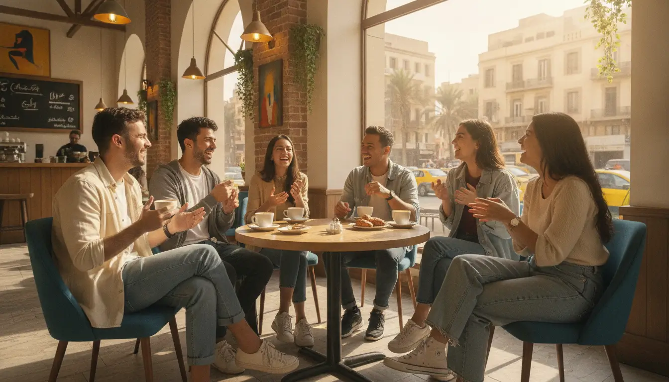 Six friends chatting and laughing around a round table in a sunlit café, with coffee cups and pastries on the table, by a large window.