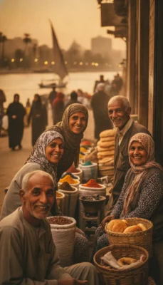 Smiling group of five people at a spice and bread stall on a riverside market at sunset.
