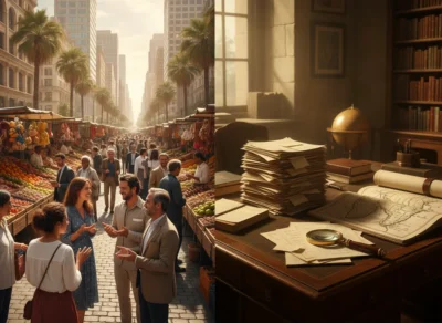Split image: a crowded outdoor market with palm-lined street; a vintage desk scene beside it with maps and papers and a globe