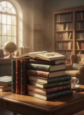 Stack of leather-bound hardcover books on a wooden desk with an open book on top, in a sunlit library.