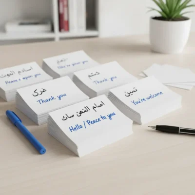 Stacks of white cards with 'Thank you' and 'Hello / Peace to you' in Arabic and English, on a desk with pens and a plant in the background.