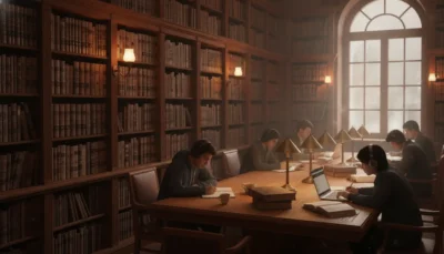 Students study and write at a long wooden table in a warm, vintage library with tall bookshelves and lamps.