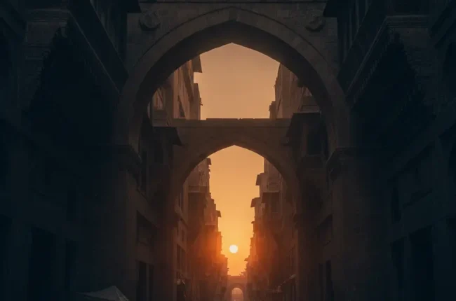Sunset-lit medieval street with tall arches and crowds walking along a cobblestone road.