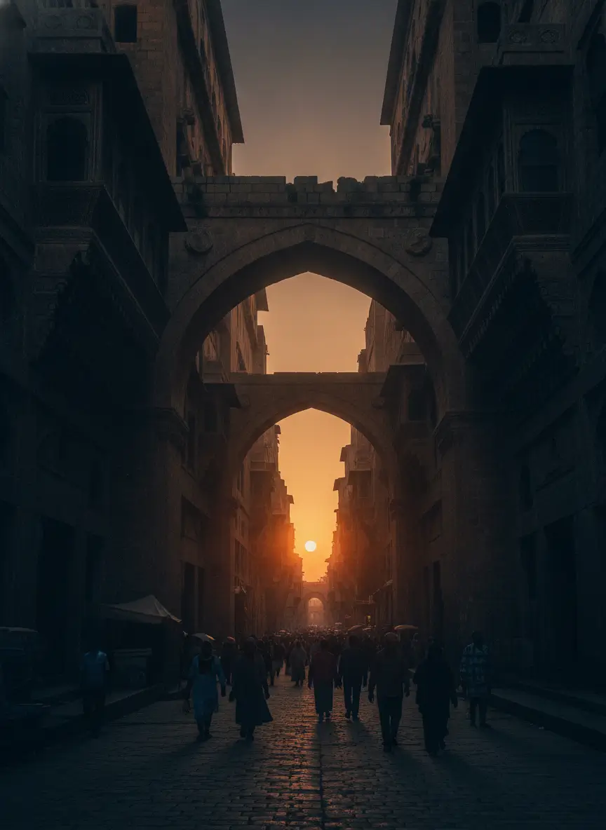 Sunset-lit medieval street with tall arches and crowds walking along a cobblestone road.