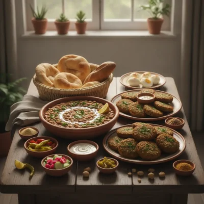 Table with a basket of pita, lemon-garnished hummus, and a platter of falafel patties with dipping sauce, plus small bowls of pickles and spices on the side.
