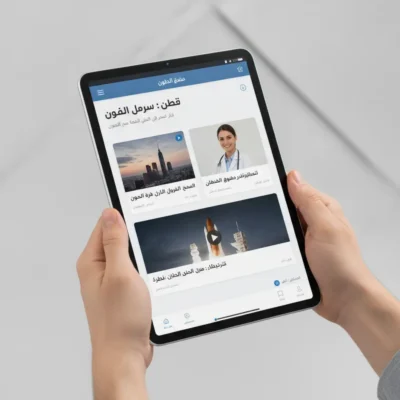 Tablet held in both hands showing an Arabic news app with article cards and a rocket image on the lower tile