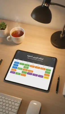 Tablet on a light wood desk showing an Arabic language proficiency exam prep schedule with colorful, color-coded blocks around the screen.