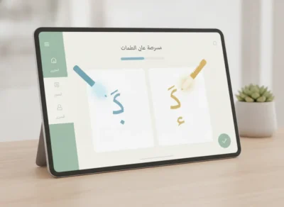 Tablet showing an educational Arabic script app with two letter cards and a pencil on the screen, left navigation menu visible.