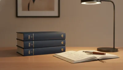 Three blue hardcover books stacked on a wooden desk beside an open notebook with handwritten notes and a pen, under a warm desk lamp.