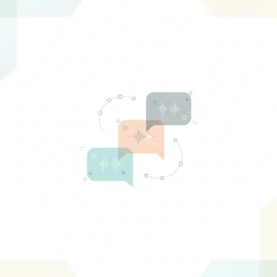 Three pastel chat bubbles with audio wave icons, overlapping, surrounded by dotted circular arrows—representing messaging or audio chats.