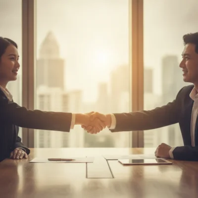 Two businesspeople in suits shake hands across a desk in a bright office with a city skyline outside the windows. formal arabic phrases for emails

