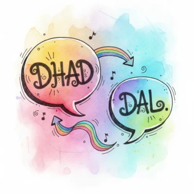 Two colorful speech bubbles with the words 'DHA' and 'DAL' in playful letters, connected by a rainbow tail.