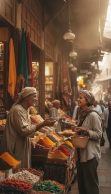 Two locals in a busy spice market chat beside colorful heaps of spices in bowls and bags. Woman holds a woven basket while smiling at the vendor. egyptian arabic introductions
