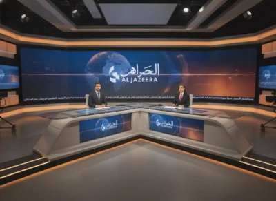 Two news anchors sit at a curved glass desk in a modern Al Jazeera studio with a large screen behind them showing the logo and globe image earlier in the set. used for broadcast context understand arabic news