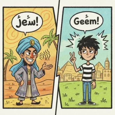 Two-panel cartoon: left shows a man in a blue turban in a desert saying 'Jew!'; right shows a teen by pyramids and a city, saying 'Geem!'