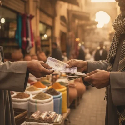 Two people exchange cash in a bustling market, with sacks of spices visible in the background.