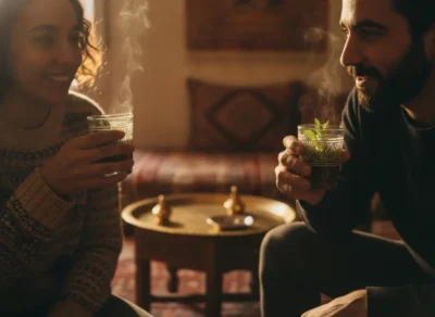 Two people sit close together in a cozy room, each holding a steaming glass and smiling at each other. egyptian arabic for family