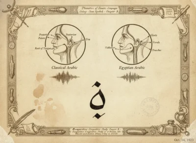Two side-by-side head diagrams show Classical Arabic and Egyptian Arabic phonetics, with small speech waves beneath, on an ornate vintage border.