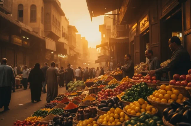 Vibrant outdoor market at sunset with baskets of colorful fruits on display