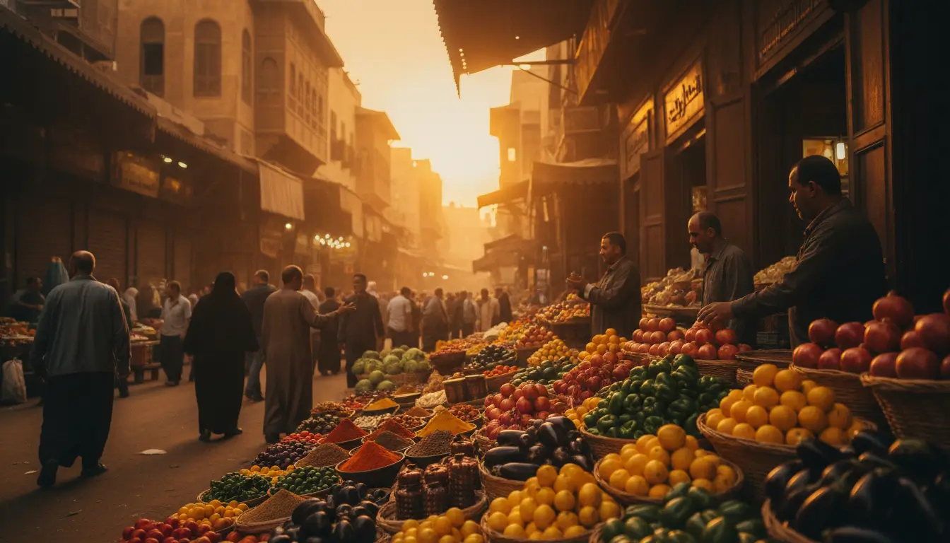 Vibrant outdoor market at sunset with baskets of colorful fruits on display